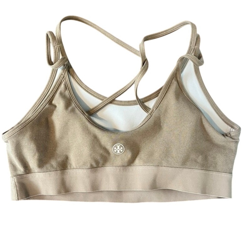 Tory Burch Sport tan brown Crisscross Back Sports Bra Logo Beige Large